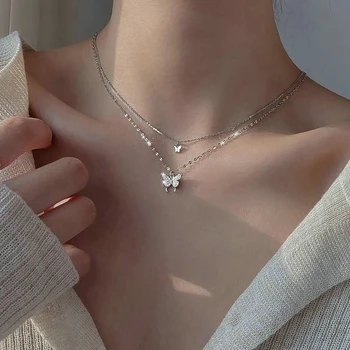 Новое блестящее ожерелье с бабочкой для женщин, Изысканное двухслойное колье-цепочка 