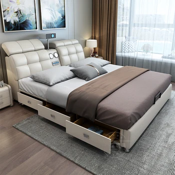 Умная кровать MANBAS Ultimate Tech - Многофункциональный каркас кровати из натуральной кожи с Bluetooth-динамиком, Выдвижными ящиками, Проектором, USB