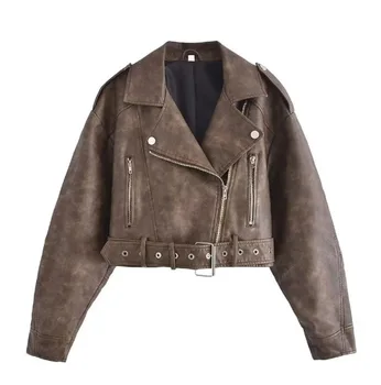 2023 Женская куртка с лацканами из искусственной кожи, Длинный рукав, Мотоциклетный стиль, Индивидуальность, Уличный Хипстер, Короткий стиль, Молния, Однотонная джинсовая куртка