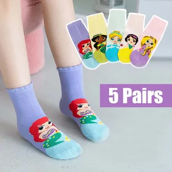 5 пар носков для маленьких девочек с героями мультфильмов Диснея, Белоснежные носки с русалочкой для детей, Хлопчатобумажные носки, Забавные милые носки принцессы от 1 до 12 лет