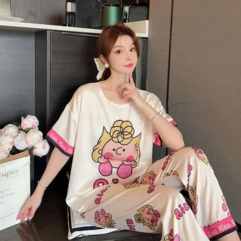 Летний женский пижамный комплект, Роскошная пижама с отворотами и принтом, Длинная Повседневная одежда для отдыха из вискозы, Комплект из 3 женских пижам