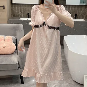 Новая пижама 2023, летняя ледяная жаккардовая пижама, женская кружевная юбка с V-образным вырезом, Милая домашняя одежда