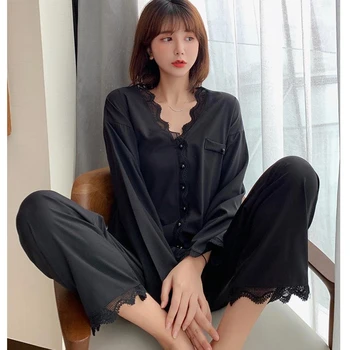 Женский пижамный комплект, сексуальная черная кружевная корейская осенняя модная домашняя одежда, свободное кимоно, халат, новое поступление, ночное белье с длинным рукавом пижама