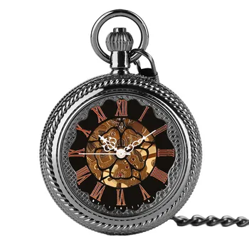 Ретро Элегантные Механические Карманные часы с ручным заводом, Мужские часы в стиле Стимпанк, Изысканные Роскошные часы с брелоком, Прозрачная крышка, Цепочка для часов, подарок