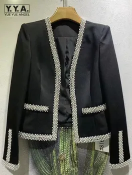 Демисезонный Модный жакет с жемчужным бисером, Офисный Женский Черный, Белый Цвет, Элегантный V-образный вырез, Тонкая Женская верхняя одежда, Кардиган, короткое пальто