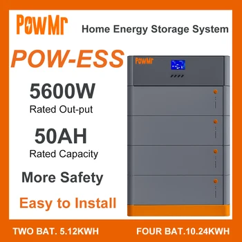PowMr Домашняя система хранения энергии, Встроенный гибридный инвертор MPPT 80A 5600W постоянного тока 48 В До 220 В переменного тока с батареями LiFePO4 емкостью 50AH/ШТ 2,56 кВтч