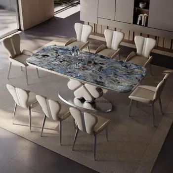 Маленькие и большие столы для столовой с натуральной синей текстурой, Столешница из мраморной плиты, основание из четырехлистного клевера, Устойчивый кухонный стол