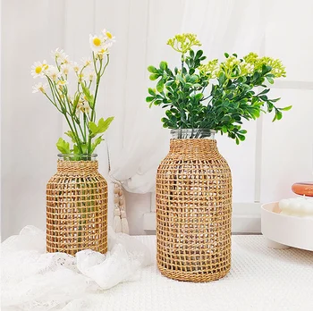 Плетеная из соломы Стеклянная Сухая ваза, Японская креативная ваза для водных растений, Украшения гостиной, спальни, офиса, дома