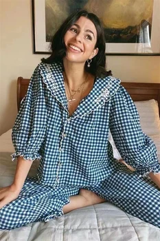 Женский милый пижамный комплект, повседневная рубашка из чистого хлопка с большим круглым вырезом, топы + длинные брюки