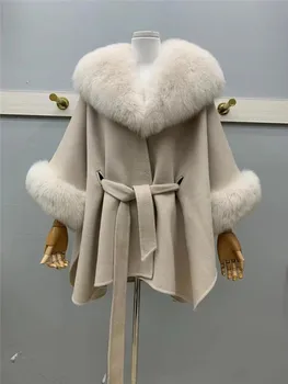 Женское пальто-накидка, однотонный воротник из натурального лисьего меха, Осенне-Зимняя Теплая Свободная куртка-пончо средней длины Для женщин, Смешанное шерстяное пальто