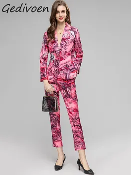 Gedivoen, Летняя мода, подиум, Винтажный комплект брюк с принтом, Женская куртка с карманами и длинными рукавами + прямые брюки, комплект из 2 предметов