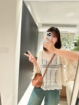 Женская трикотажная рубашка с расклешенными рукавами в ленивом стиле, тонкий фасон, защита от солнца, новинка 2023 года, женская мода иностранного производства
