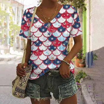 Женская футболка с принтом американского флага, Летний пуловер Оверсайз, Свободные топы, Женская повседневная одежда с коротким рукавом, Уличные футболки