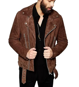 Мужская Коричневая замшевая кожаная куртка из натуральной мото-кожи для мужчин