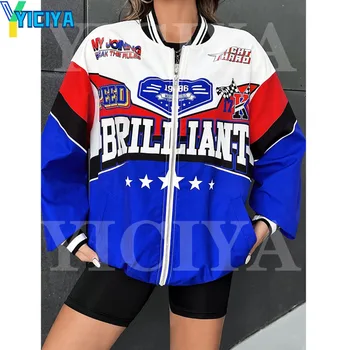 YICIYA, куртка-бомбер, гоночная университетская женская куртка с буквенным графическим цветным блоком, заниженное плечо для куртки American Oversize Summer