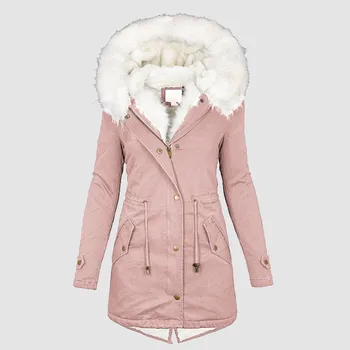 Женское Зимнее пальто с воротником-лацканом, Куртка с длинным рукавом, Винтажное Утепленное Пальто, Теплая Женская Толстовка с капюшоном на Молнии