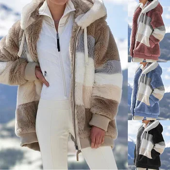 Женская куртка, модное плюшевое пальто с капюшоном на молнии в стиле пэчворк, Верхняя одежда, зимняя теплая парка с карманами из искусственного меха, Женское пальто большого размера