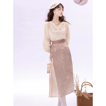Осенняя Элегантная кружевная рубашка с V-образным вырезом и пышными рукавами, юбка из розового бамбука с принтом, китайская традиционная Hanfu для женщин, Оригинальное платье Hanfu