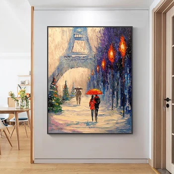 Абстрактные Влюбленные, гуляющие под дождем с зонтиком Картина маслом 100% ручной работы на холсте Пейзаж Башня Настенное искусство для домашнего декора
