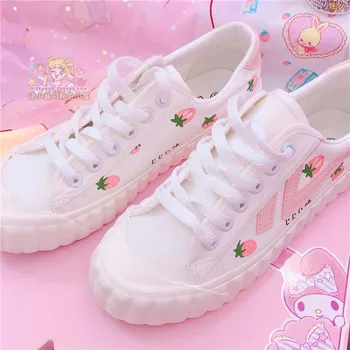 Японские туфли в стиле Милой Лолиты на плоской подошве с круглым носком, Клубничные туфли, Кавайные кроссовки для девочек, Кавайные туфли Loli Cos