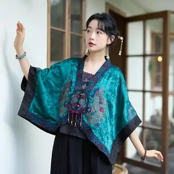 2023, новый китайский этнический стиль, винтажное вышитое короткое пальто-накидка, свободный солнцезащитный крем с рукавом 