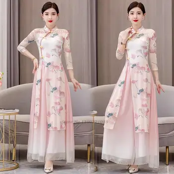 китайское винтажное танцевальное платье 2023, национальный сетчатый ципао с цветочным принтом, топы + брюки, костюм для народных танцев, платье для выступления на сцене