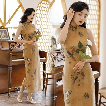 Улучшенное платье Чонсам, Юная Леди, сексуальный цветок, Древний стиль, Тонкий, средней длины, китайский стиль, Женское Изящное классическое платье Ципао