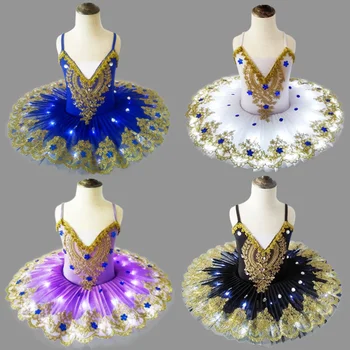Новое детское Балетное танцевальное платье для сцены со светодиодной подсветкой, Профессиональный комбинезон-пачка для девочек 