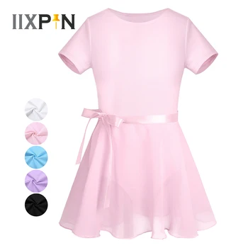 IIXPIN/ Балетное платье для девочек, детский купальник с короткими рукавами, Гимнастический купальник, танцевальный боди для девочек с шифоновой юбкой на завязках, Наряд
