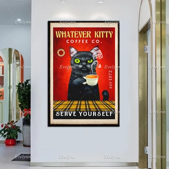 Плакат Black Cat Whatever Kitty Coffee Co. Обслужи себя сам, Холст с забавным котом, Принты с милыми кошками, Настенное искусство для домашнего декора с черными кошками