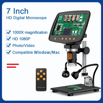 Видео-микроскоп 1080FHD 7-дюймовый 1000X HD микроскоп 8 светодиодных регулируемых ламп с фокусным расстоянием 10 ~ 40 мм пульт дистанционного управления
