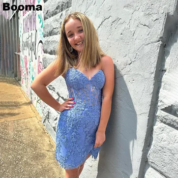 Booma Синие мини-платья для выпускного вечера с аппликацией, вечерние платья без бретелек, корсет, коктейльное платье с косточками, наряды, robe soireé femme