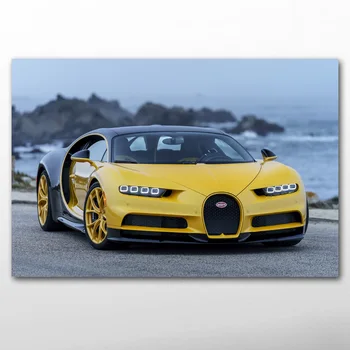 Плакаты и принты Желтый Автомобиль Bugatti Chiron Обои для рабочего стола Холст Ткань Настенная художественная роспись для декора гостиной