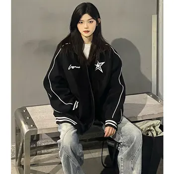 Deeptown Винтажная куртка-бомбер Женская Star Girl Y2k Негабаритная уличная одежда Harajuku Модные бейсбольные черные куртки Уличные пальто